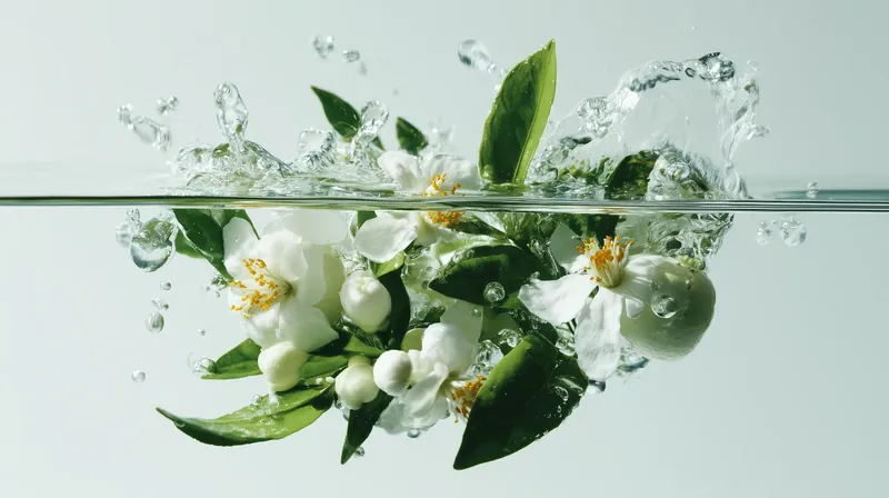 Vita apelsinblommor och gröna blad i vattenytan, halvt över och halvt under den skarpa vattenlinjen.