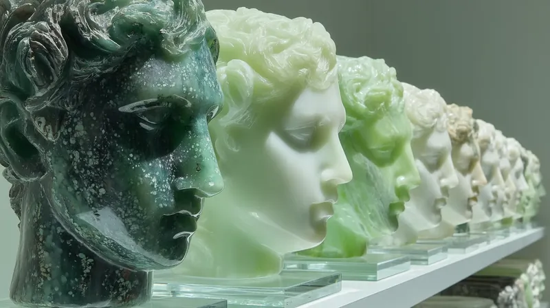 Four vintage computers in a row on a melted iridescent table — one with a portrait on screen, one chrome-plated with the same face doubled, one with a cracked black screen, and one with the face dissolved into color.